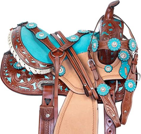 Amazon.com : Acerugs Kids Quarter Horse Saddle Teal Pink Black Crystal Show Western Leather Barrel Racer Trail TACK Set Included (Blue Inlay, 12") : Sports & Outdoors Rawhide Braiding, Barrel Racing Saddle, Roping Saddles, Barrel Racing Tack, Show Horse, Barrel Racer, Dressage Saddle, Tack Sets, Western Horse