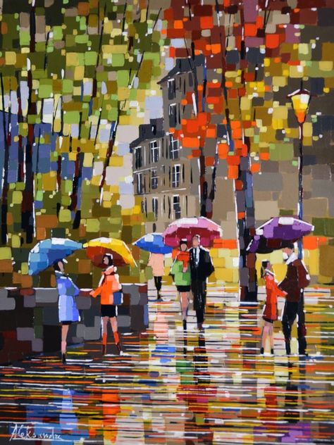 Cubic Art Painting, Cubic Art, Umbrella Painting, Small Abstract Painting, Umbrella Art, Watercolor Pictures, Walking In The Rain, Cityscape Art, Art Painting Gallery