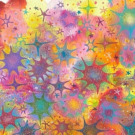 Samara Hernandez on Instagram: "More stars more stars more stars  • • • #starcore #staraesthetic #illustration #illustrationartists #illustrator #coloredpencil #coloredpencilart #womenwhodraw #womenwhoillustrate #kidcore" Colored Pencil Drawing Aesthetic, Stars Illustration Art, Kidcore Painting, Star Painting Ideas, Star Canvas Painting, Kaleidoscope Painting, Colorful Drawing Ideas, Guts Spilled, Funky Stars