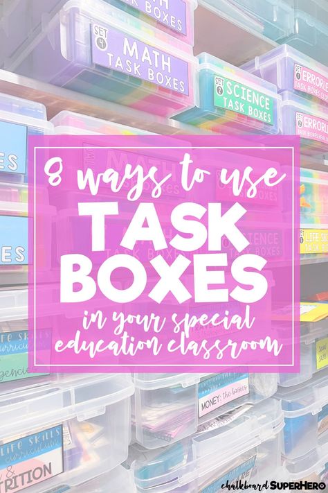 8 ways to use task boxes in your special education classrooms from instructional purposes to leisure activity. Work System, Direct Instruction, Early Finishers Activities, Math Tasks, Classroom Storage, Task Boxes, Problem Solved, Leisure Activities, Special Education Teacher