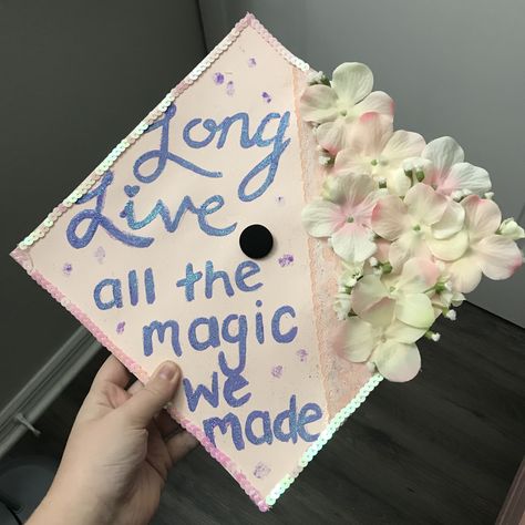 Taylor Swift “Long Live” inspired graduation cap Long Live Graduation Cap, Long Story Short I Survived Grad Cap, College Grad Cap Ideas Taylor Swift, Grad Cap Inspo Taylor Swift, Taylor Swift Inspired Graduation Caps, Grad Cap Ideas Taylor Swift, Long Live Taylor Swift Graduation Cap, Long Live All The Magic We Made Grad Cap, Song Lyric Grad Caps