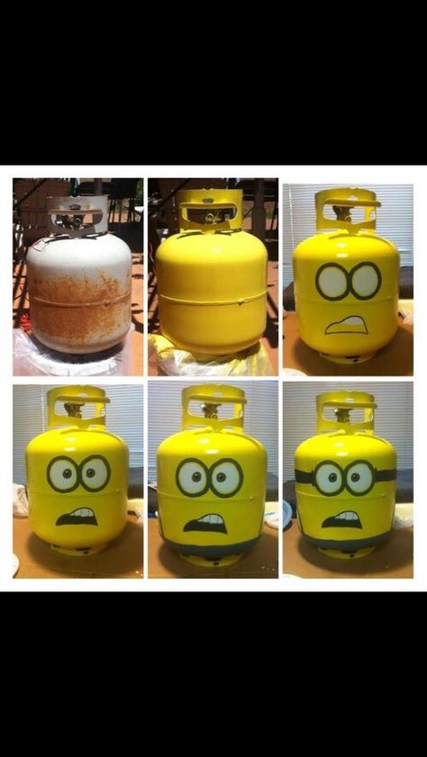 Propane Tank decorated with a minion character art Propane Tank Painting Ideas, Gas Tank Paint Ideas, Painted Propane Tanks, Freon Tank Art, Propain Tanks Painted, Propane Tank Minion, Motorcycle Gas Tank Paint Ideas, Propane Tank Art, Minion Art