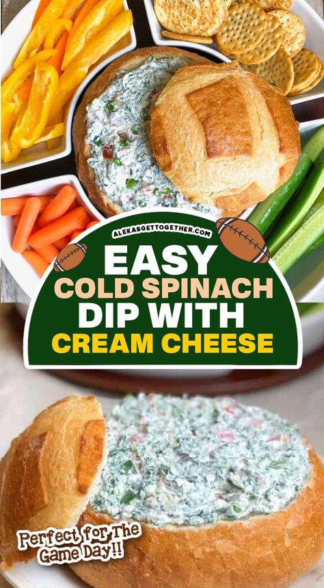 Spinach Cream Cheese Dip, Spinach Dip With Cream Cheese, Cream Cheese Veggie Dip, Cold Spinach Dip, Spinach Dip Cold, Bread Dips Recipes, Cold Party Appetizers, Game Day Dip, Classic Spinach Dip