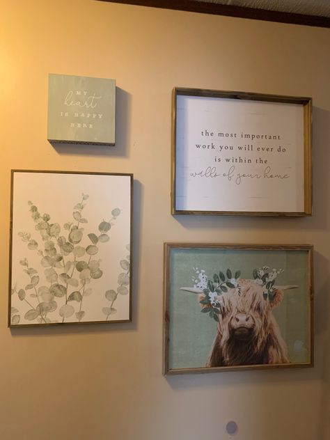 Cow Frame Decor, Narrow Family Room, Bookshelves In Bedroom, Wall Groupings, Her Office, Boho Farmhouse, Collage Wall, Farmhouse Wall Decor, Frame Decor