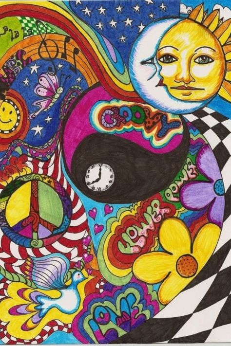 hippie drawing A Drawing, Peace Sign, Sun Moon, Drawing Ideas, Moon, Sun, Flowers, Art