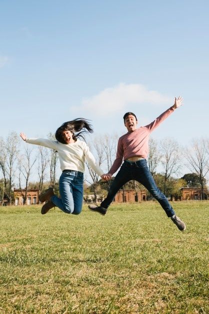 Funny young couple jumping on field hold... | Free Photo #Freepik #freephoto #love #woman #man #sun Funny Poses Couple, Funny Poses For Couples, Couple Poses Funny, Jordan Birthday, Funny Couple Poses, Jumping Pictures, Jumping Poses, Posing Couples, Couples Art