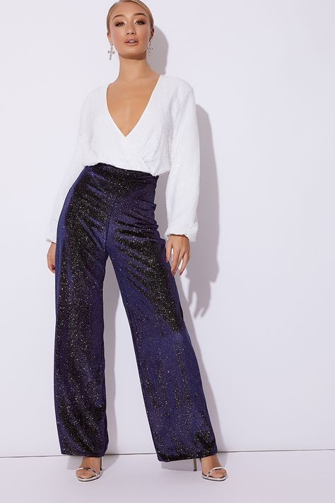 HISYA NAVY EXTREME WIDE LEG GLITTER TROUSER New Years Eve Outfits Casual, Galaxy Pants, Glitter Pants, Dark Blue Pants, Nye Fashion, Xmas Outfits, Going Out Trousers, Sparkly Top, Nye Outfits