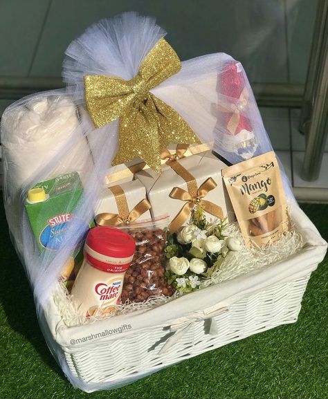 Groceries wrapped in white and beige theme in luxury white cane basket. Coffee Lover Gifts Basket, Beige Theme, White Cane, Cane Baskets, Bridal Gift Wrapping Ideas, Gifts Wrapping, White And Beige, Bridal Gift, Wrapping Ideas