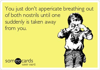 You just don't appericate breathing out of both nostrils until one suddenly is taken away from you. Belly Laughs, Clipuri Video, Have A Laugh, E Card, Ecards Funny, Someecards, I Smile, Bones Funny, The Words