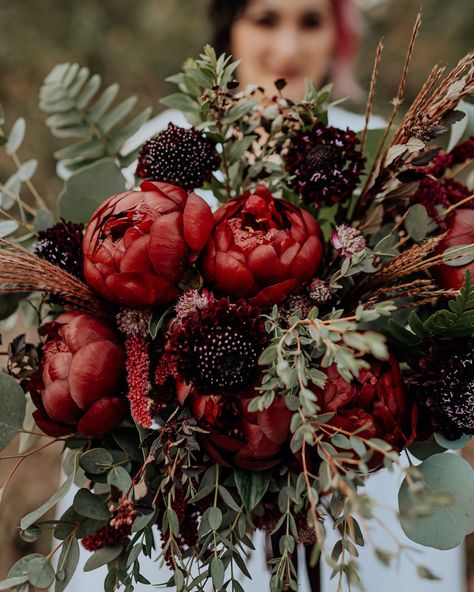 Deep Red Peony Wedding Bouquet Flit Photography #wedding #peony #weddingbouquet Dark Peonies Bouquet, Spooky Wedding Flowers, Red Dried Flower Bouquet, Dried Red Flowers, Fall Peony Bouquet, Moody Fall Bouquet, Autumn Wedding Flowers October Bridal Bouquets, Witchy Wedding Bouquet, Alchemy Wedding