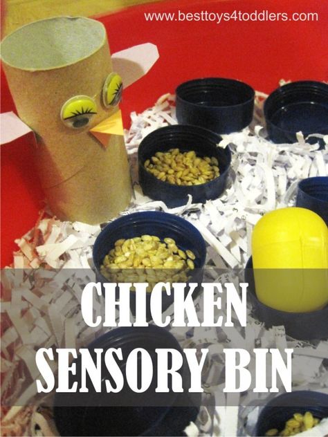 Chicken Sensory Bin - easy to set up sensory bin from materials found in recycle bin Sensory Bin For Toddlers, Bin Chicken, Preschool Farm, Recycle Bottle Caps, Sensory Tubs, Recycle Bin, Easter Theme, Sensory Bottles, Sensory Table