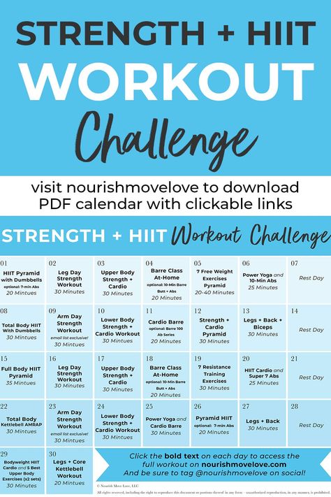 Get fit this fall with this 30 day fitness challenge! This follow-along workout plan combines strength training exercises with HIIT cardio bursts to create an effective, CHALLENGING workout calendar! You can complete the daily workouts at home or at a gym, all you need is a set of dumbbells! Advanced Workout Plan, Home Workouts For Beginners, Arm Workout Videos, Arm Workout Challenge, 10 Min Ab Workout, Hiit Workout Plan, Gym Plans, Cardio Barre, Workouts For Beginners