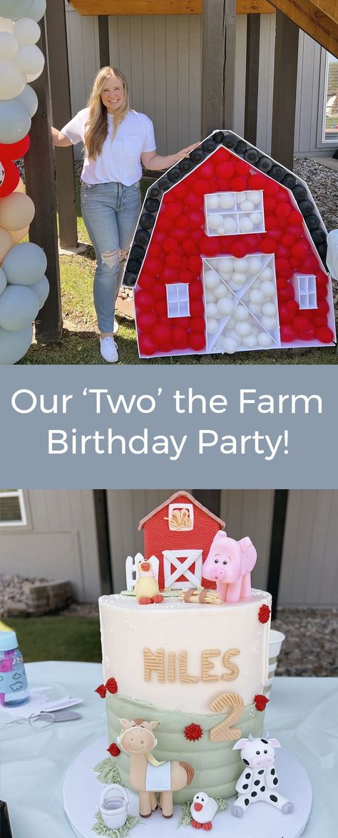 barn themed birthday cake and barn balloon display. Barnyard 3rd Birthday Party, Two Year Old Birthday Party Farm Theme, Farm Picnic Birthday Party, Backyard Farm Birthday Party, Farm Theme Two Year Old Party, Down On The Farm Birthday Party, Farm Theme Third Birthday, Blue Barnyard Party, Moo Moo Birthday Party