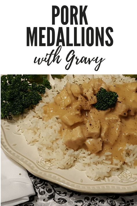 Delicious bite size pork medallions in a gravy sauce served over rice #pork #recipe #delicious Pork Pieces Recipes, Gravy Sauce Recipe, Pork Medallion Recipes, Rice Pork, Cream Of Onion Soup, Pork Bites, Pork Chop Recipes Crockpot, Southern Cooking Recipes, Pork Medallions