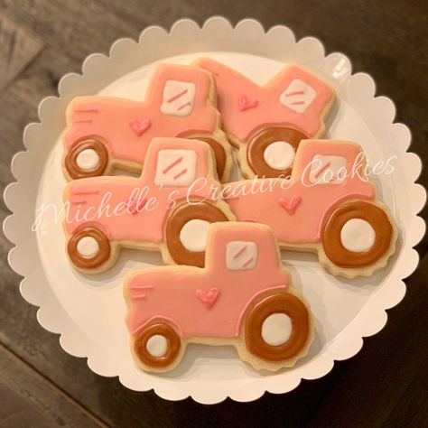 Pink Monster Truck Party, Pink Tractor Birthday Party, Pink Tractor Cookies, Pink Tractor Cake, Tractors Or Tutus Gender Reveal, Tractor Themed Cookies, Tractor Baby Shower Theme, Tractor Cookies, Tractor Baby Shower