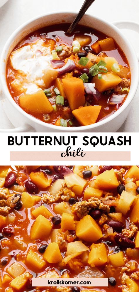 This butternut squash chili is filled with cubed butternut squash, ground turkey, bell peppers, tomato sauce, red kidney beans and is filling, veggie packed & super flavorful! It's delicious to have for leftovers and is all around an ultra cozy meal. #butternutsquash #butternutchili #sundaychili #fallrecipes #easymeals #slowcooker #healthyrecipes #recipesforfall #souprecipes #chilirecipes Butternut Squash Ground Turkey, Turkey Bell Peppers, Healthy Chili Crockpot, Chili On The Stove, Cubed Butternut Squash, Squash Chili, Homemade Chili Seasoning, Butternut Recipes, Butternut Squash Chili