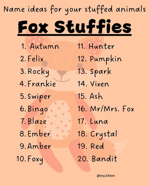 Heres a bunch of name suggestions for your stuffies!!!🥰 Plush Name Ideas, Cute Plushie Names, Fox Name Ideas, Plushie Name Ideas, Stuffie Names, Plushie Names, Fox Names, Names For Characters, Age Reg