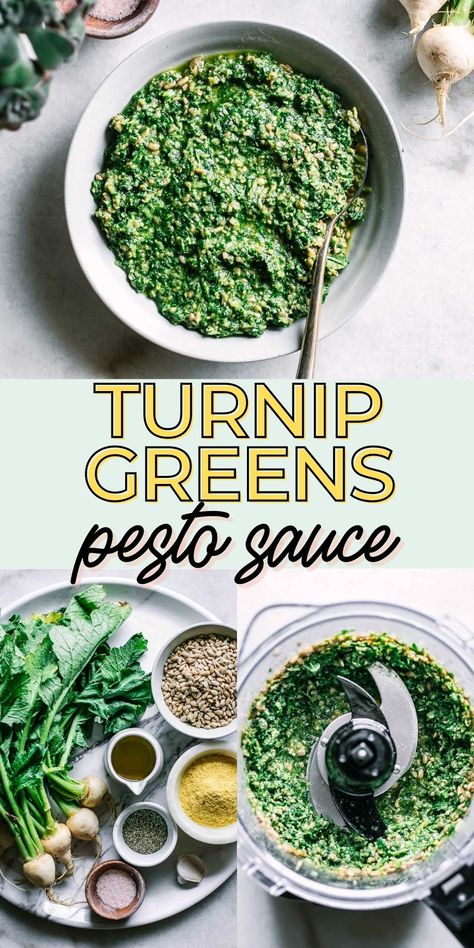 Turnip Greens Pesto, a simple root-to-stem recipe using turnip leaves instead of basil to make pesto sauce. Quick, delicious, and a great way to use plant parts that are commonly thrown away. Easy Pesto Sauce, Pesto Sauce Recipe, Turnip Recipes, Make Pesto, Sauce For Pasta, Plant Parts, Green Pesto, Csa Recipes, Farm Fresh Recipes