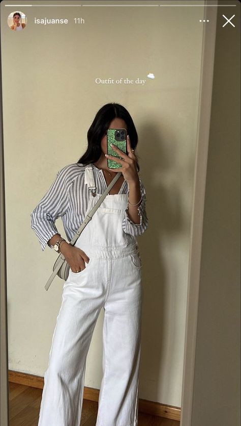 Overalls And Shirt Outfit, Overalls With Button Down Shirt, Overalls Outfit Office, Coastal Cowgirl Overalls, Outfits With White Overalls, Overall Outfit Spring, Long Overalls Outfit Summer, Bibs Outfit Women, White Denim Overalls Outfit