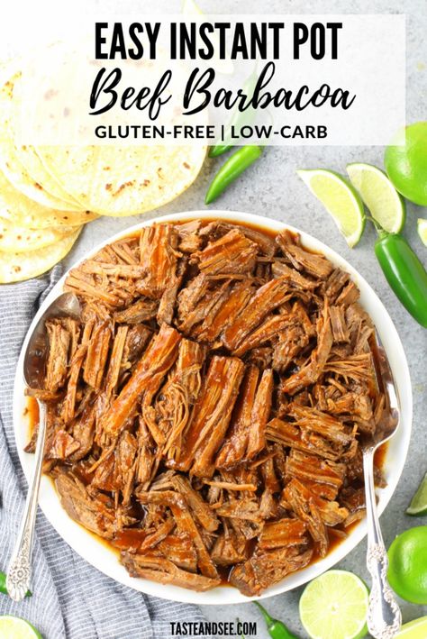 This Easy Instant Pot Beef Barbacoa is hearty and rich, smoky and saucy, and all kinds of delicious in a fraction of the time! It’s perfect for tacos, burritos, burrito bowls, enchiladas, tostadas or straight up with a fork! #GlutenFree #InstantPot #SlowCooker #MexicanFood #TasteAndSee Instant Pot Beef Barbacoa, Beef Barbacoa, Crockpot Express, Instapot Meals, Barbacoa Recipe, Barbacoa Beef, Tacos Burritos, Potted Beef, Burrito Bowls