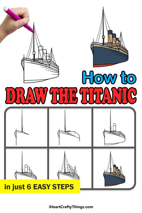 Titanic Doodle, How To Draw Titanic, Titanic Drawing Easy, Titanic Painting Easy, How To Draw The Titanic Step By Step, Titanic Coloring Pages Free Printable, Titanic Boat Drawing, Titanic Drawing, Painting Prompts