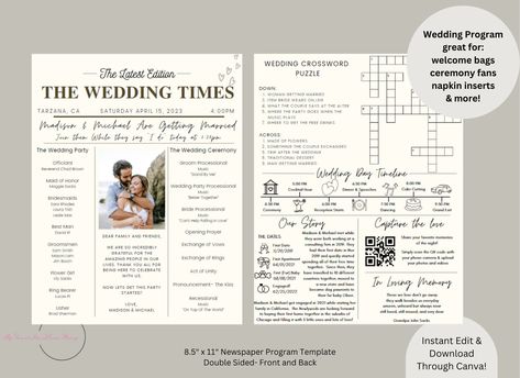 "Fun Newspaper Wedding Program Template great for welcome bags, ceremony programs, or napkin inserts!  This wedding infographic is a fun way to showcase your relationship and share fun information with your guests, including the wedding timeline, the couples story, bridal party, crossword puzzle, etc..  DIY Wedding Infographic Template, Editable in Canva, Printable at home or professionally, Instant Download. Instantly access, edit, and download the template right after purchase in Canva, an eas Wedding Day Post Newspaper, Wedding Newspaper Ideas, Fun Wedding Programs, Newspaper Wedding, Newspaper Wedding Programs, Newspaper Program, Diy Wedding Programs, Wedding Infographic, Order Of Events