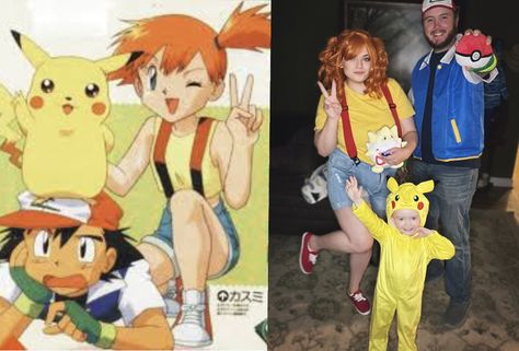 Family Pokémon Halloween costume. Ash, Misty & Pikachu Family Custom Ideas, Pokemon Halloween Costume Diy, Family Costume Pokemon, Dragon Ball Z Family Costume, Family Anime Costumes, Family Cosplay Ideas Anime, Family Pokemon Costumes Halloween, Anime Family Costumes, Pokemon Halloween Costume Family