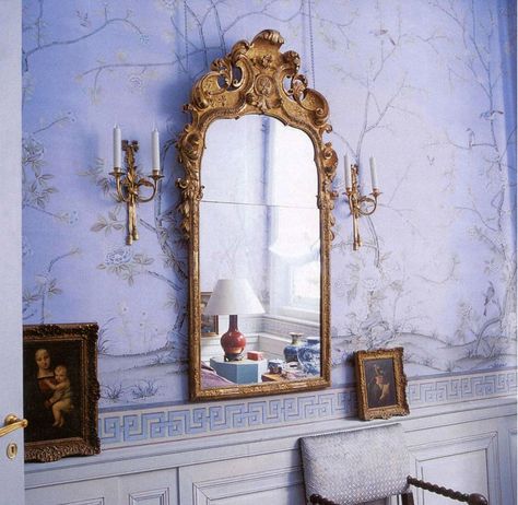 After staring at boring cream colored painted walls for years I’ve been dreaming up a change… except what I’m dreaming of is WAY over budget!… Chinoiserie Interior, De Gournay Wallpaper, Purple Bedrooms, Hand Painted Wallpaper, Silk Wallpaper, Fine Living, Chinoiserie Wallpaper, Painting Wallpaper, Antique Mirror