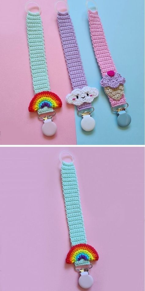 Pacifier Crochet Pattern Free, Crochet Pacifier Holder, Trendy Crochet Patterns, Crochet Pacifier Clip, How To Crochet For Beginners, Pacifier Clips Diy, Crochet Gift Ideas, Baby Pacifier Holder, Crochet Baby Bibs