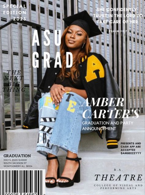 Graduation Magazine Cover, Magazine Graduation Photoshoot, Mba Photoshoot, Black Graduation Pictures, Graduate Invitations, Graduation Magazine, College Announcements, Magazines Cover, College Grad Pictures