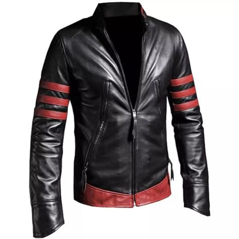 X-Men Origins Wolverine Black and Red Stripes Distressed Leather Jacket Distressed Leather Jacket, Distressed Leather, Brands Outlet, X Men, Vest Jacket, Black And Red, Genuine Leather, Mens Accessories, Leather Jacket