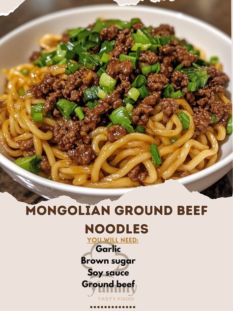 🍜 Get ready for a flavor explosion with Mongolian Ground Beef Noodles—quick, savory, and absolutely delicious! 🍲🔥 #AsianInspired #QuickDinner Mongolian Ground Beef Noodles Ingredients: Ground beef (1 lb) Soy sauce (1/4 cup) Brown sugar (1/4 cup) Garlic (3 cloves, minced) Ginger (1 tbsp, minced) Green onions (1/2 cup, chopped) Red pepper flakes (1/4 tsp) Sesame oil (2 tbsp) Rice vinegar (1 tbsp) Lo mein noodles (8 oz, cooked) Cornstarch (1 tbsp, mixed with 2 tbsp water) Instructions: Cook ... Mongolian Ground Beef Noodles, Ground Beef Noodles, Mongolian Ground Beef, Shanghai Noodles, Rice Noodle Recipes, Ground Beef Rice, Lo Mein Noodles, Cornstarch Slurry, Beef Noodles