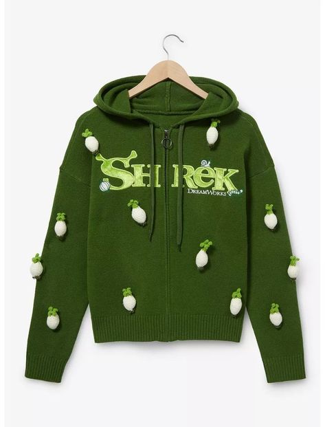 Bring some swamp style to your wardrobe with this Shrek-inspired hoodie! Featuring a satin applique of the Shrek logo on the front, this hoodie includes 3D crocheted onions across the body. With a zippered front and a drawstring hood, this jacket is perfect for your next trip to Far Far Away. Plus Size Hoodie, Chic Fall Outfits, Shrek, Zipper Hoodie, Onions, Zip Hoodie, Hoodies Womens, Casual Fashion, Cute Outfits