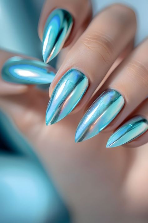 Nail Inspo Latina, Nails Ombre Chrome, Chrome Nails Ombre, Spring Chrome Nails, Baddie Nails Instagram, Aquamarine Nails, Simple Prom Nails, Chrome Nail Design, Ombre Chrome