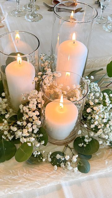 Candle Decoration For Wedding, Floating Candles Tablescape, Bridal Shower Candle Centerpieces, Cheap Wedding Centre Piece Ideas, Wedding With Candles Everywhere, Wedding Table Toppers Centerpiece Ideas, Low Floral Centerpieces With Candles, Hyacinth Wedding Centerpiece, Centerpieces Wedding Floating Candles