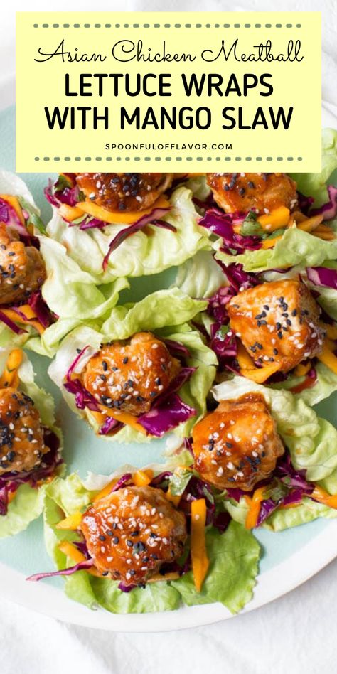 Meatball Lettuce Wraps, Easy Asian Chicken, Asian Chicken Meatballs, Lettuce Recipes, Mango Slaw, Chicken Meatball, Butter Lettuce, Healty Dinner, Pumpkin Recipes Healthy