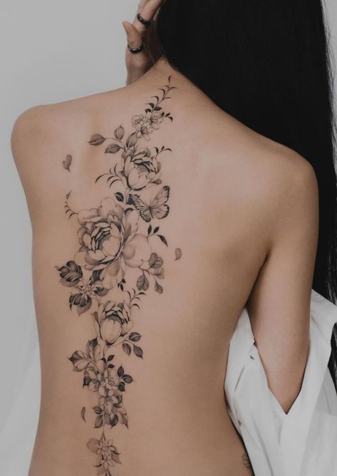 Non Floral Tattoos, Flowers Butterfly Tattoo, Back Flower Tattoo, Butterfly With Flowers Tattoo, Floral Back Tattoos, Flower Tattoo Ideas, Girl Back Tattoos, Human Canvas, Famous Artwork