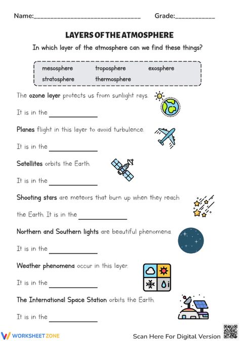 Exploring the atmosphere layers topic with this engaging worksheet perfect for kids learn and practice their knowledges. You also can play interactive at our website. Find and download any Science worksheets for FREE right now! #science #environment #atmospherelayers #atmosphere #planet #planets #layersoftheatmosphere #earthandspace #worksheet #printable #interactive #space Layers Of The Atmosphere Activities, Atmosphere Activities For Kids, Layers Of The Atmosphere, Space Worksheets, Layers Of Atmosphere, Free Science Worksheets, Space Classroom, Science Worksheets, Earth From Space