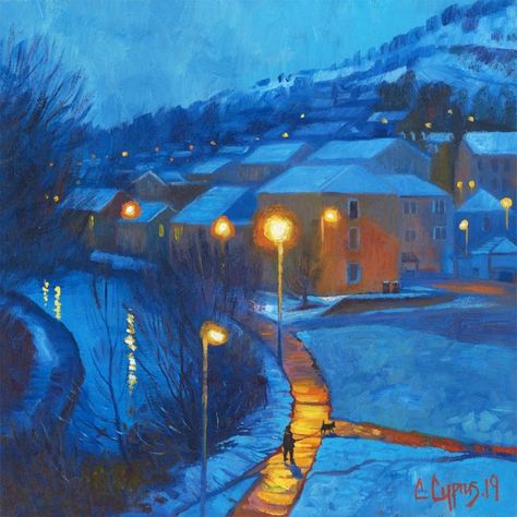 Chris Cyprus on Instagram: "The view from my studio transformed in a blanket of snow and illuminated like a Christmas tree from the warm street lights. ‘Golden path’ is available as a limited edition print. Check out my winter collection at www.chriscyprus.shop I’ll be open today from 10am. #artist #originalart #painting #manchester #collectables #lancashire #collectart #ownart #art #chriscyprusart #gallery #gallerywall #galleries #manchesterartist #landscape #artgallery #lifestyle #life #count Artists Studio, Original Paintings For Sale, Blood Art, Color Studies, Night Art, Christmas Wall Art, British Artist, Moon Art, Old Art