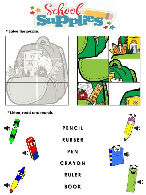 School Supplies Puzzle, Kindergarten School Supplies, School Objects, Reading Comprehension Texts, English Worksheets For Kindergarten, School Suplies, English Activities For Kids, Classroom Management Tool, English Phonics