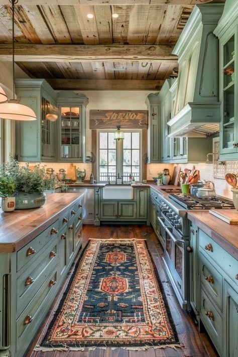 Achieve farmhouse chic in your space with stylish decor and rustic accents. #FarmhouseChic #StylishDecor #RusticAccents House Palettes, Guest House Kitchen, Home Design Color, Log Home Kitchens, Cottage Kitchen Decor, Green Kitchen Designs, Farmhouse Kitchen Inspiration, Ranch Living, Rustic Kitchens