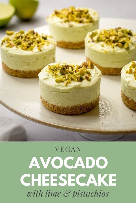 A deliciously creamy avocado cheesecake that no one will believe is vegan! With a zing of lime and crunch of pistachios it is an easy and decadent vegan dessert. Avocado Cheesecake, Vegan Afternoon Tea, Vegan Easter Recipes, Pistachio Dessert, Pistachio Cheesecake, Avocado Dessert, Vegan Gluten Free Desserts, Vegan Summer Recipes, Vegan Easter