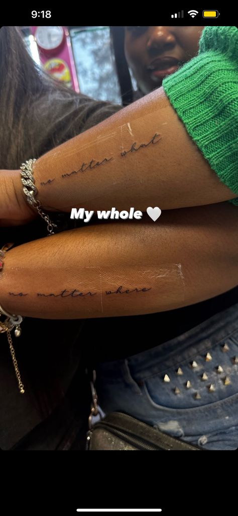 Tattoos For Friends Meaningful, Best Friend Tattoos Black Women, Black Sister Tattoos, Go Deeper Tattoo, Matching Tattoo Siblings, Best Friend Tattoos Black People, Matching Word Tattoos, Beautiful Soul Tattoo, No Matter What No Matter Where Tattoo