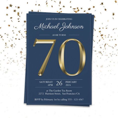 $ 2.92 | 70th Birthday Solid Gold Text Navy Blue Classy - 70th, solid gold, gold text, navy blue, classy, seventieth, birthday, men male, classic simple elegant, masculine Classy Birthday, Classy Invitations, 71 Birthday, 92nd Birthday, 70th Birthday Invitations, 70th Birthday Parties, Gold Text, Birth Year, Text Effect