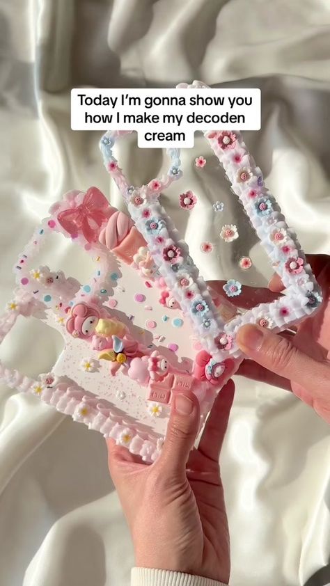 Decoden cream tutorial As many of you guys want to know how I make my ... | TikTok Decoden Cream, Candy Decorations Diy, Decoden Diy, Piping Nozzles, Decoden Case, Silicone Caulk, Mini Tutorial, Candy Decorations, Melting Point