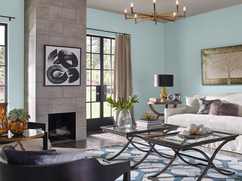 January Color of the Month: Dayflower - Colorfully BEHR Behr Paint Colors Dining Room, Casual Day Behr, Behr Color Of The Month, Behr Dayflower Paint, Dayflower Behr Paint, Behr Dayflower, Best Paint Colors 2022 Behr, Trendy Wall Colors 2022 Behr, Behr 2022 Color Of The Year