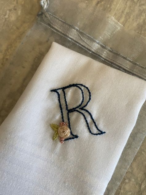 Embroidery On Hankerchief, Embroidered Handkerchief For Men, Hand Embroidered Gifts For Men, Hanky Embroidery Design For Boyfriend, Hand Embroidery Handkerchief, Handerkerchief Embroidery, R Embroidery Letter, Handkerchief Embroidery For Boyfriend, Painting On Handkerchief