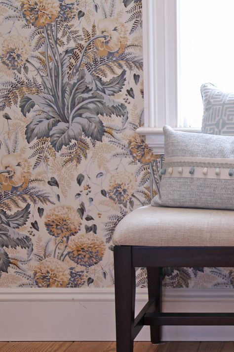 Wallpaper for our showroom: Dahlia by Anna French for Thibaut. Dahlia Wallpaper, Anna French Wallpaper, French Wallpaper, Anna French, Furniture Interior Design, Leather Factory, Artisan Rugs, American Leather, Home Decor Store