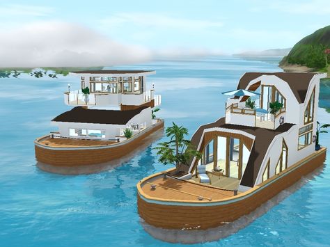 This is a set of 3 houseboats built for Island Paradise. Their small size make them them rather affordable for starters or almost starters. I hope you like them.  Found in TSR Category 'Sims 3 Set... Bloxburg Boat Build, Bloxburg Boat House, Bloxburg Boat, Sims Funny, Gaming Ideas, Floating Homes, Sims Freeplay Houses, Sims 4 Family, Sims Houses