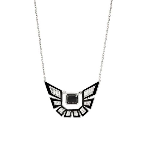 Drawing on inspiration from post-modern architecture, Stephen Webster presents the Dynamite Enamel Necklace with strong geometric lines and expanding fragments. Set in 18 karat white gold, with tapered white diamond baguettes (0.45 carats), emerald cut grey spinel (0.75 carats), and black enamel. Wing Jewelry, Stephen Webster, Pearl Jewels, Diamond Jewelry Necklace, White Shabby Chic, Classic Necklace, Enamel Necklaces, Couture Jewelry, Post Modern